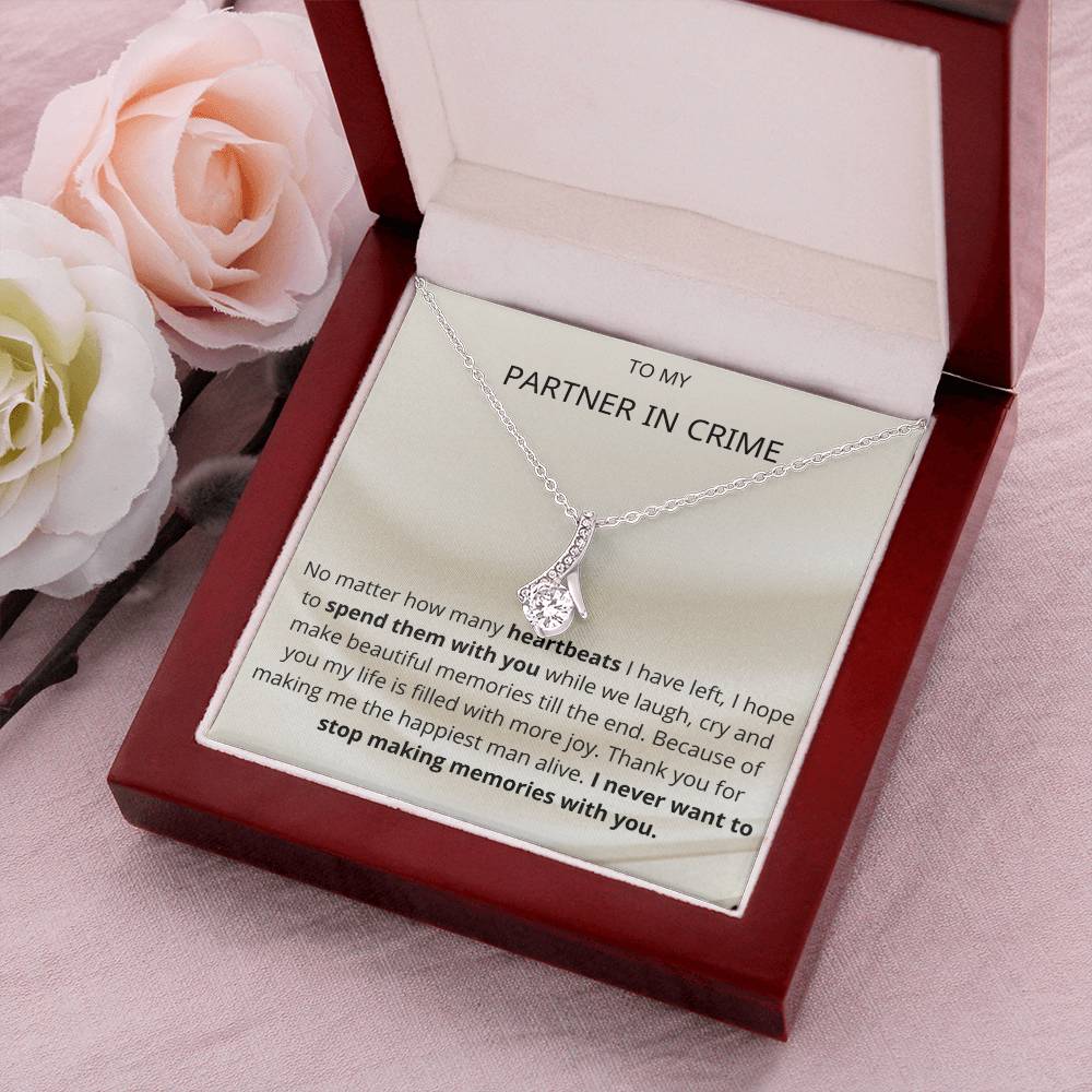 Ribbon Pendant 14K White Gold Plated Necklace - To My Partner In Crime Alluring Beauty Necklace